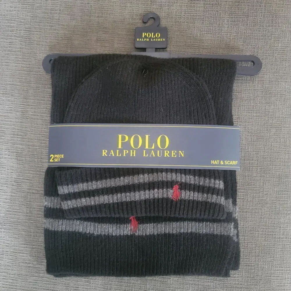 Polo Ralph Lauren Men's Black 2 Piece Set Hat & Scarf Lambswool Blend